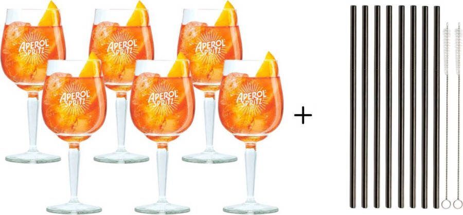 Aperol Spritz Glazen 450 ml 6 stuks & Herbruikbare rietjes met borstel Zwart 8 stuks