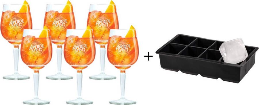 Aperol Spritz Glazen 450 ml Officeel Glas 6 stuks + ijsblokjesvorm voor 8 grote ijsblokjes