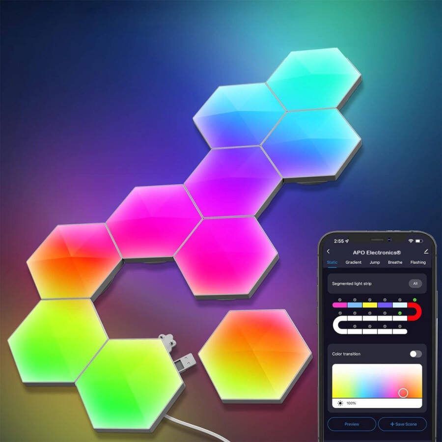 APO Electronics Hexagon LED Verlichting 10 Stuks Geschikt voor App bediening met Tuya Gaming Verlichting RGB & IC LED Panelen Wandlamp Met Afstandsbediening