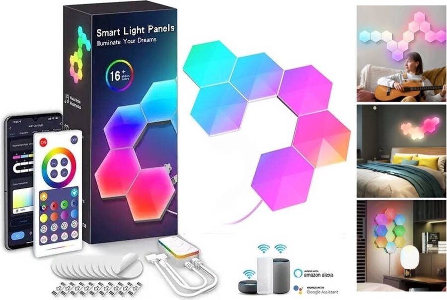 APO Electronics Hexagon LED Verlichting 6 Stuks App bediening geschikt voor Tuya Gaming Verlichting RGB & IC LED Panelen Wandlamp Met Afstandsbediening
