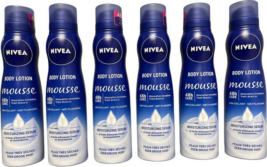 Aqua O Nivea 6 x Bodylotion Mousse 200 ml voor Zeer Droge Huid