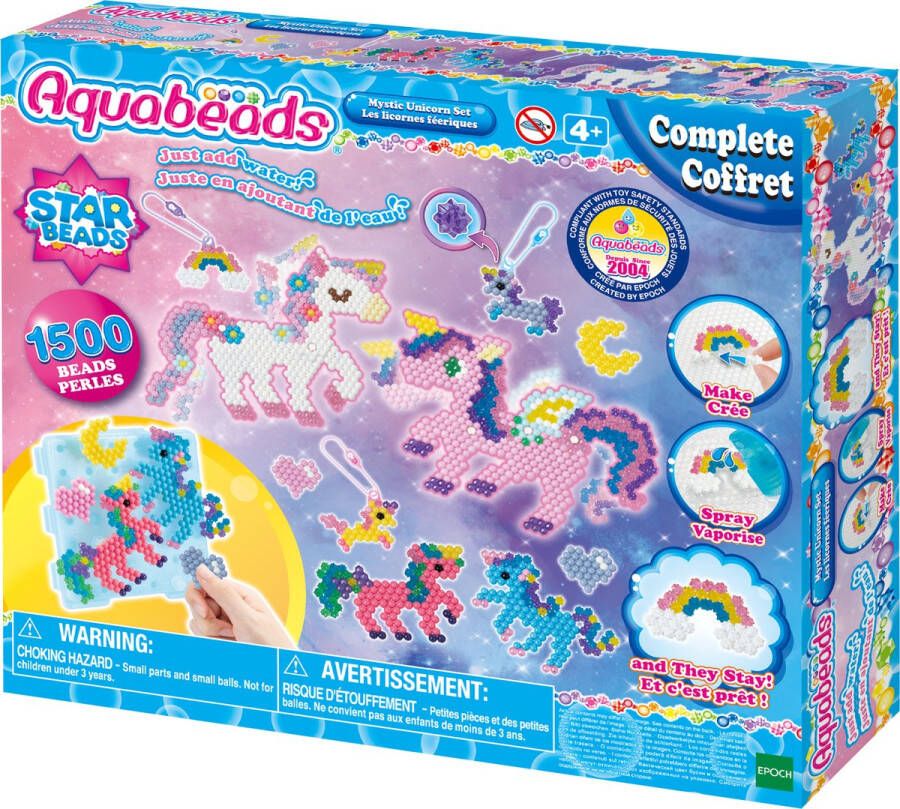 Aquabeads eenhoornset- 1500 parels- 9 creaties complete set- creatiebord- legbord bevestigingspinnen- sproeier