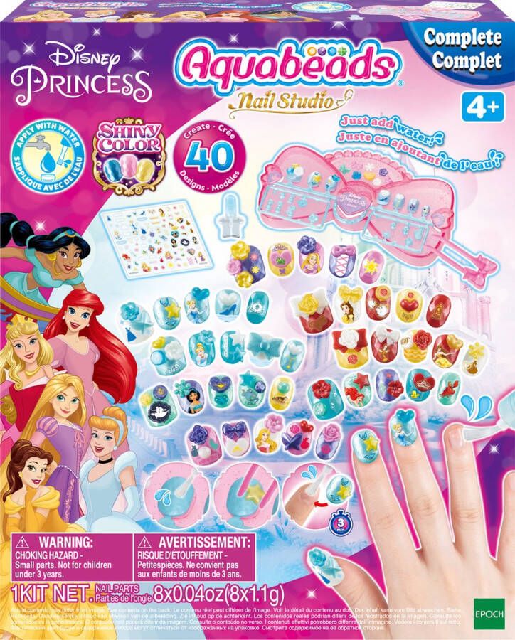 Aquabeads nagelstudio- Disney Princess- complete set 40 designs werkbank pincet nagellakflesje. Herbruikbare nagels
