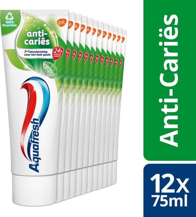 Aquafresh Anti Cariës tandpasta voor gezonde tanden voordeelverpakking 12- pack recyclebare plastic tube en dop