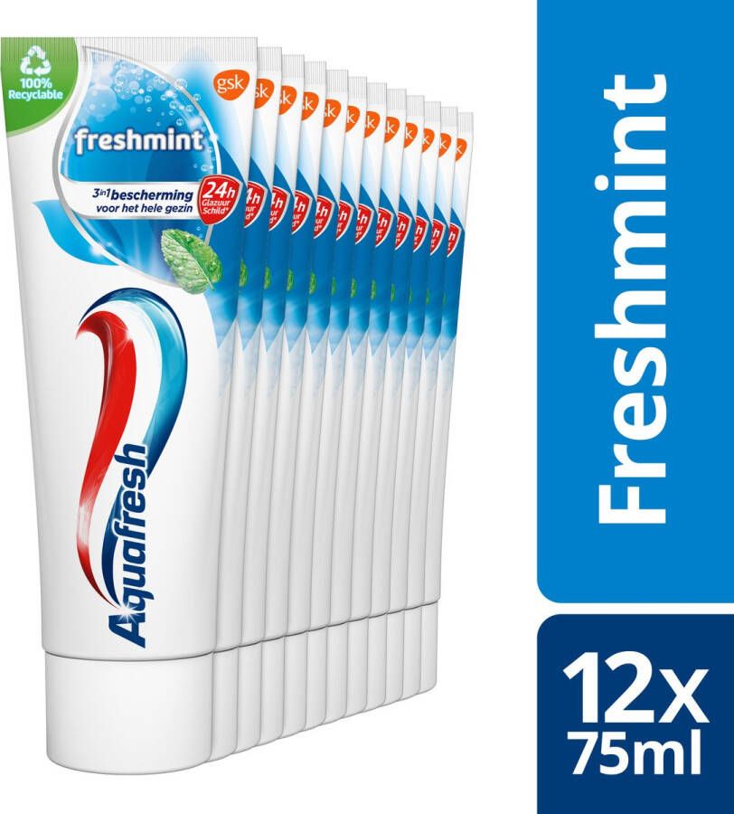 Aquafresh Freshmint 3in1 tandpasta voor een frisse adem voordeelverpakking 12 x 75ml recyclebare plastic tube en dop