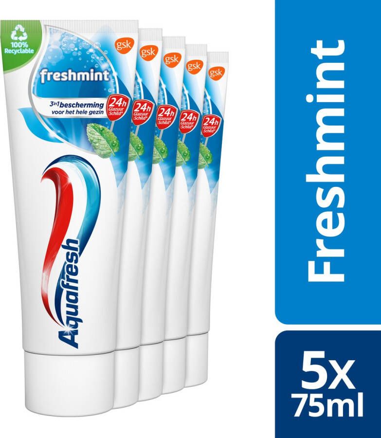 Aquafresh Freshmint 3in1 tandpasta voor een frisse adem voordeelverpakking 5 x 75ml recyclebare plastic tube en dop