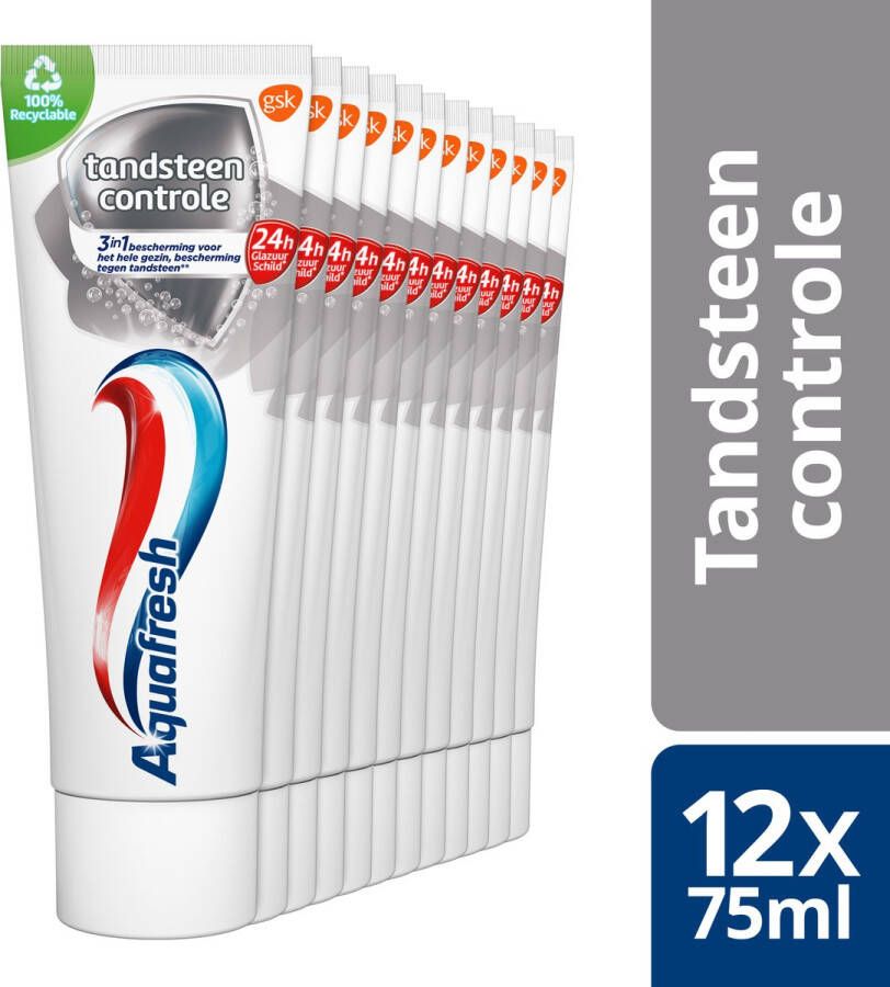 Aquafresh Tandsteen Controle tandpasta voor gezonde tanden voordeelverpakking 12x75ml recyclebare plastic tube en dop