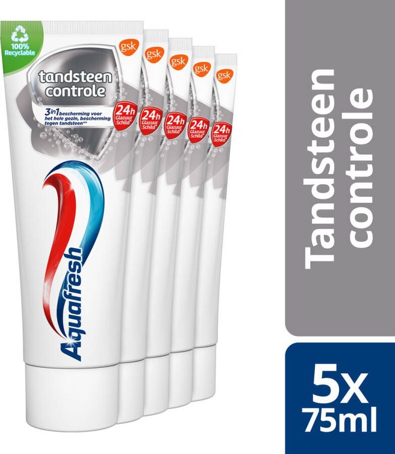 Aquafresh Tandsteen Controle Tandpasta voor gezonde tanden voordeelverpakking 5x75ml recyclebare plastic tube en dop