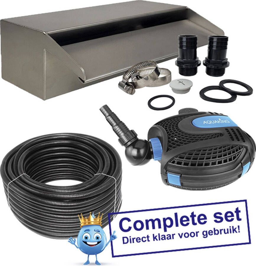 Aquaking RVS Waterval 120 cm complete set met pomp moderne waterpartij roestvrijstaal industrieel tuindecoratie watervallen