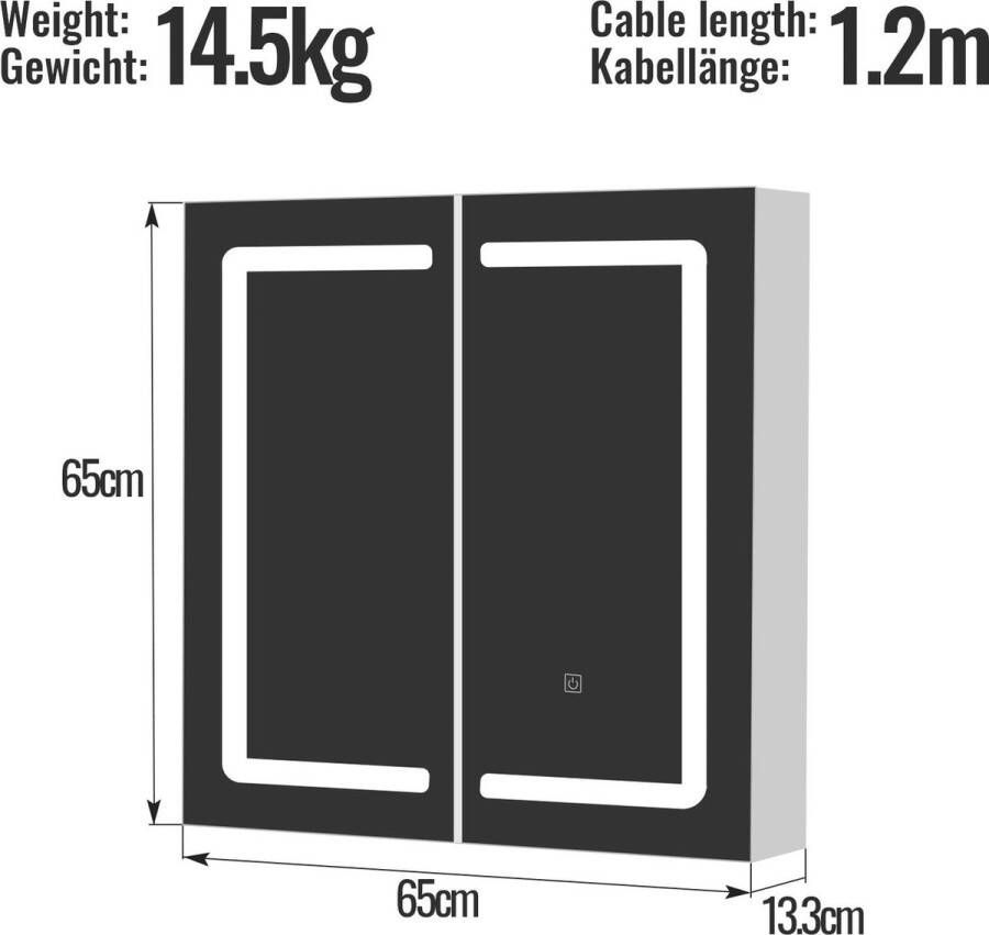 Aquamarin Spiegelkast met LED Verlichting 65 x 65 x 13 3 cm 2 spiegel deuren met Touch- Medicijnkast Dimbaar MDF