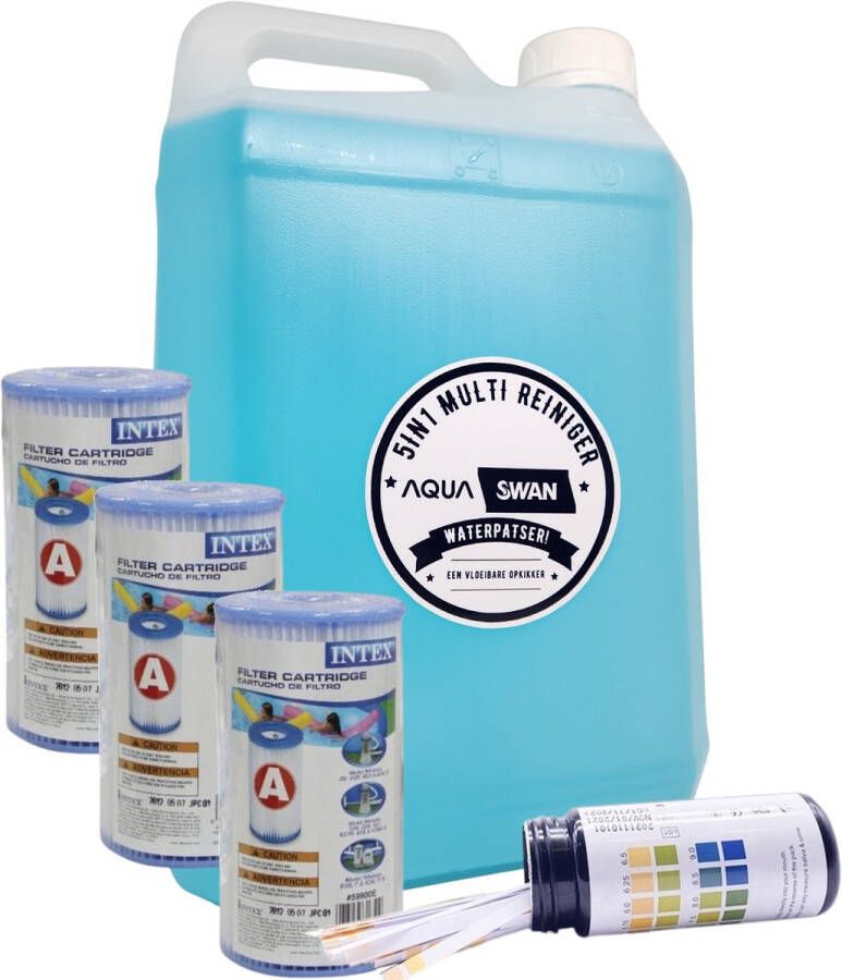 Aquaswan.nl Zwemplezier Voordeelpakket: Aquaswan chloorvrij vloeibaar 5liter Voor zwembaden + 3 x Intex Filter type A + pH strips Altijd schoon zwembadwater Het alternatief voor zwembad chloortabletten 200 gram Geen irritatie meer aan je huid en ogen