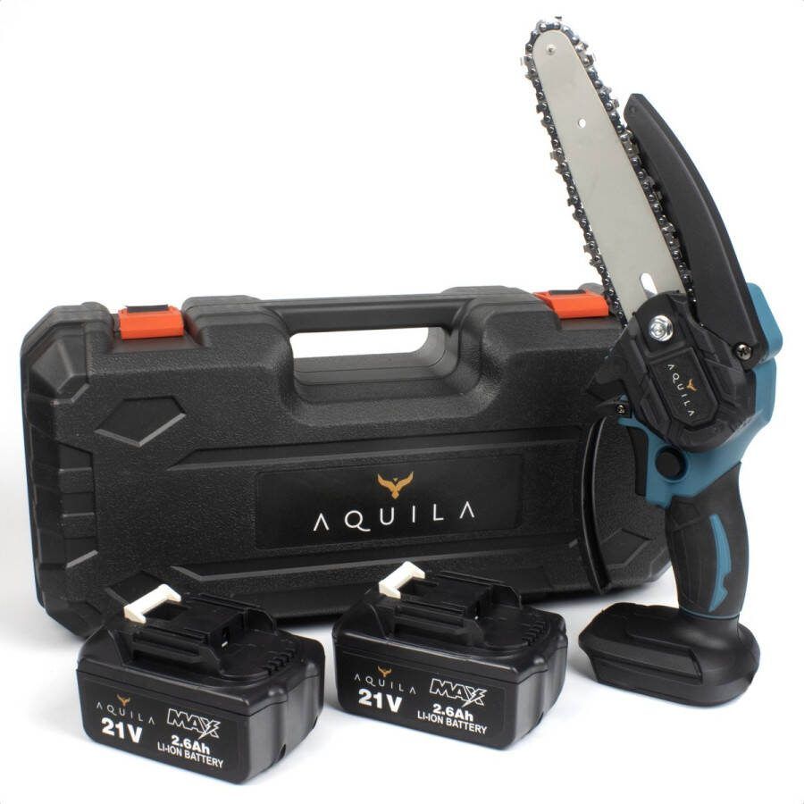 Aquila Mini kettingzaag met 2x Accu 6 Inch Kleine Elektrische Boomzaag 21V Handkettingzaag & Takkenzaag Snoeizaag met 2600 mAh accu's Incl Koffer en Handschoenen