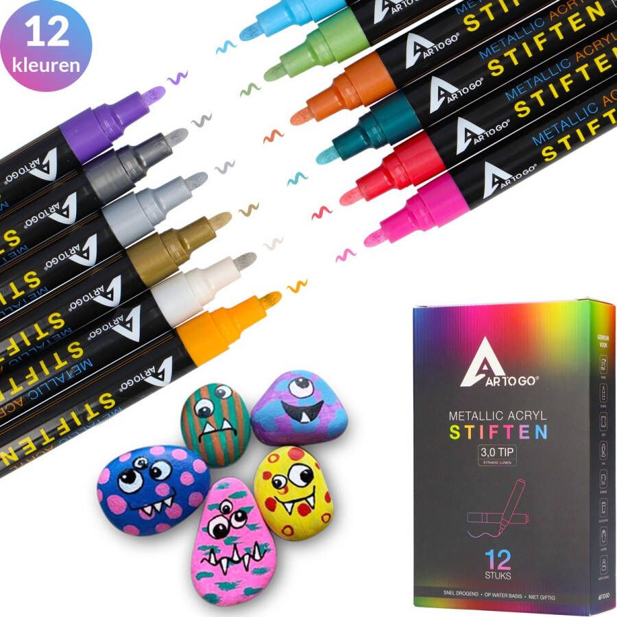 Ar-To-Go Stiften Verfstiften 3.0 tip Acryl stiften Happy Stones 12 kleuren Acrylverf Pennen