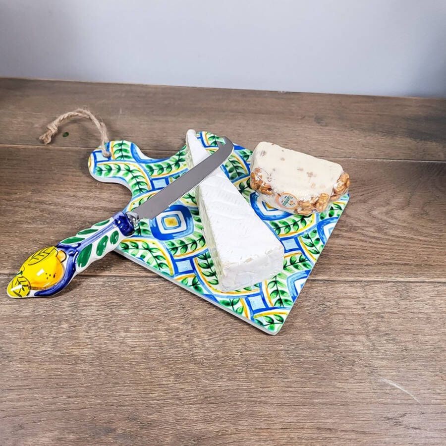 Arca italy Italiaanse keramische borrelplank Hitte bestendig onderzetter Blauw met groen motief| kleine borrel plank 18 x 24 cm Tafel beleving