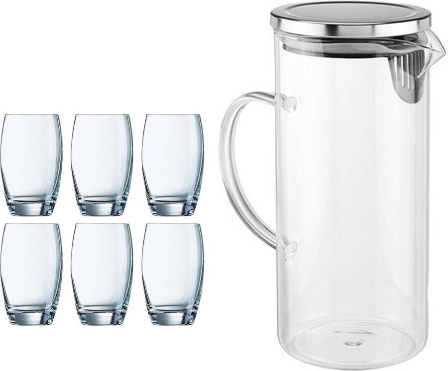 Arcoroc Waterglazen Salto set van 6x stuks 350 ml en luxe schenkkan 1.3 liter Drinkglazen