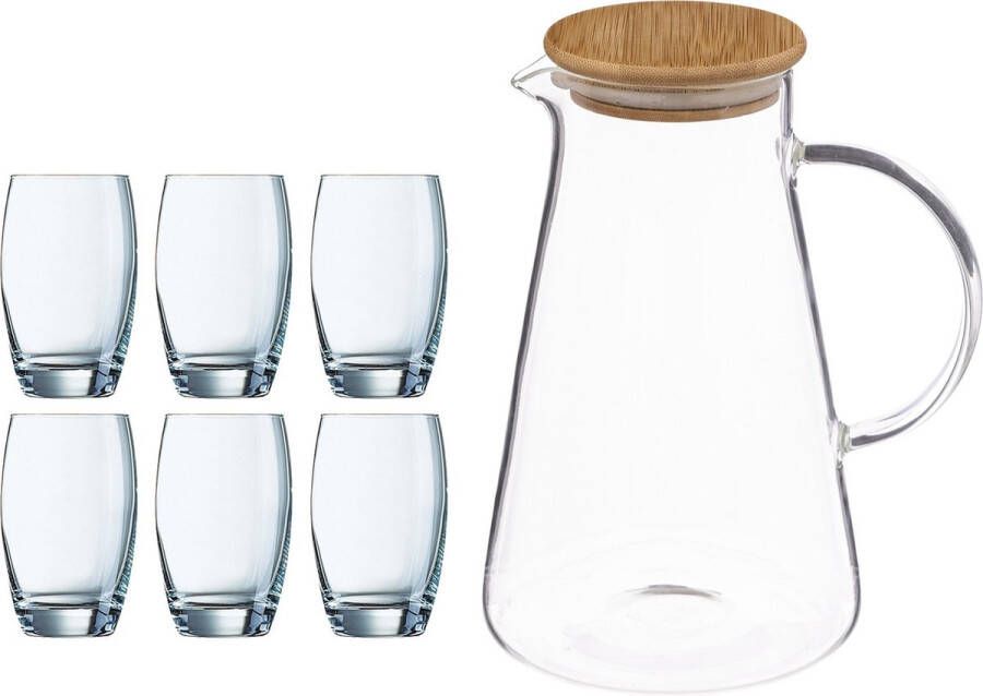 Arcoroc Waterglazen Salto set van 6x stuks 350 ml en luxe schenkkan 1.5 liter Drinkglazen