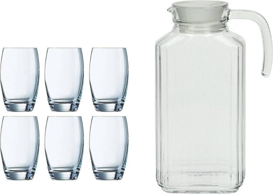 Arcoroc Waterglazen Salto set van 6x stuks 350 ml en luxe schenkkan 1.7 liter Drinkglazen