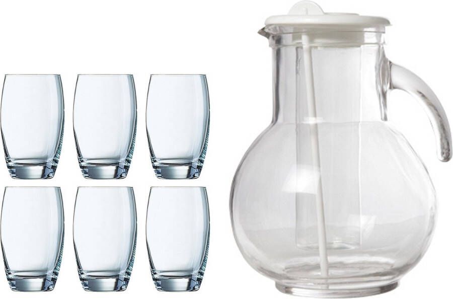 Arcoroc Waterglazen Salto set van 6x stuks 350 ml en luxe schenkkan 2.0 liter Drinkglazen