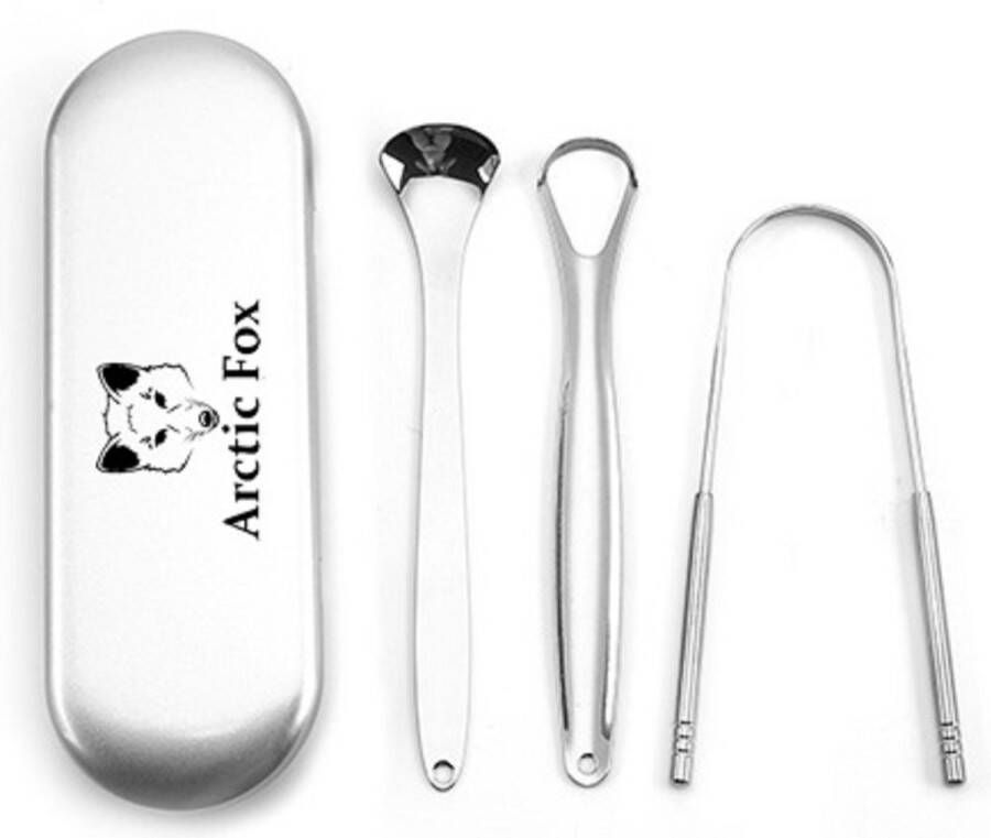Arctic Fox High Quality RVS Tongschraper voor Mondverzorging – 4 Stuks – Tongreiniger Tongborstel & Tong Schraper & RVS opbergdoos– Duurzaam & Herbruikbaar