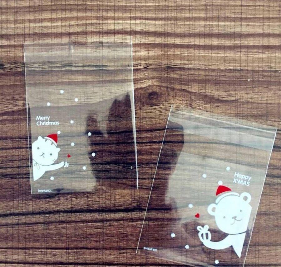 Ardran & Tookar 40x Transparante Kerst Uitdeelzakjes Traktatie Zakjes met plakstrip Snoepzakjes 7x7 cm 20 stuks kitten en 20 stuks beertje