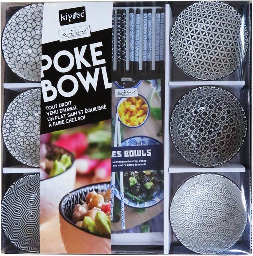 Ard'Time Poke Bowl set met 6 kommen + 6 paar eetstokjes Ø11 cm zwart wit