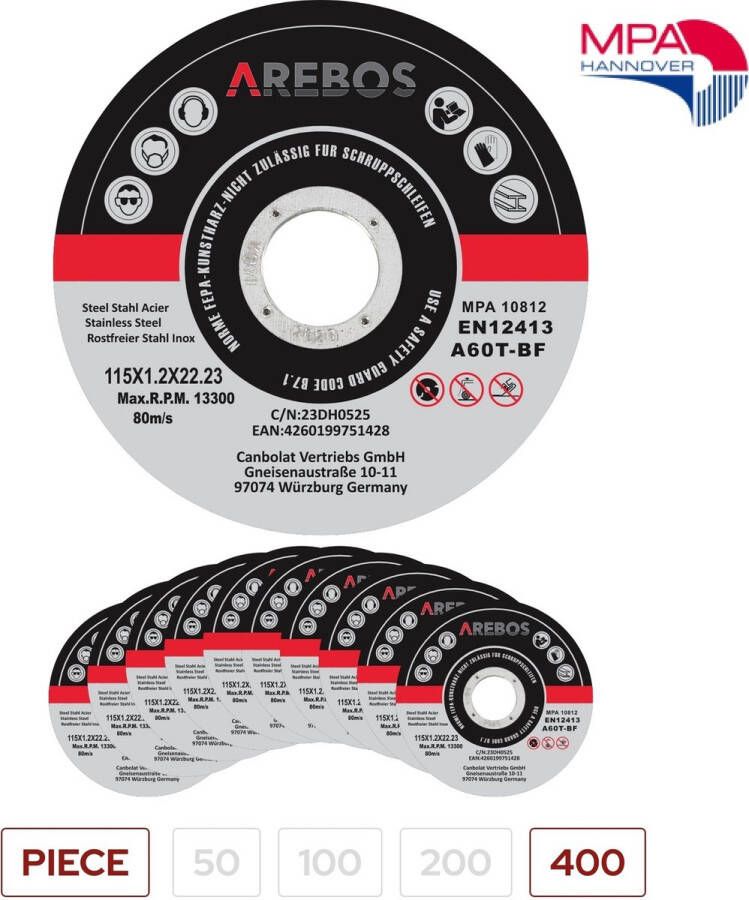 Arebos 400 x Slijpschijven Flexschijven Inox roestvrij staal metaal Metall Ø 115 mm x 1 2 mm