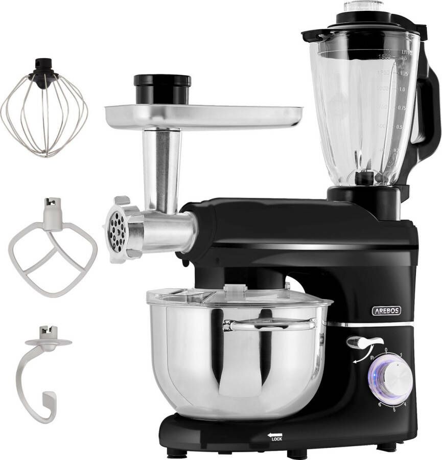 Arebos 6in1 Keukenmachine 1500W Met Blender Vleesmolen en pastamaker 5 L Zwart