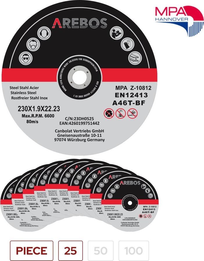 Arebos Doorslijpschijven Ø 230 mm Opname 22.2 mm Dikte 1 9 mm