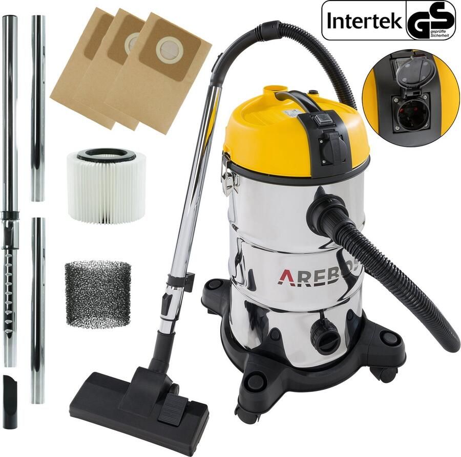 Arebos Industriële stofzuiger geel inhoud 30 liter 1300 W met extra stopcontact uitblaasfunctie ideale natte droge stofzuiger ook voor aszuigen