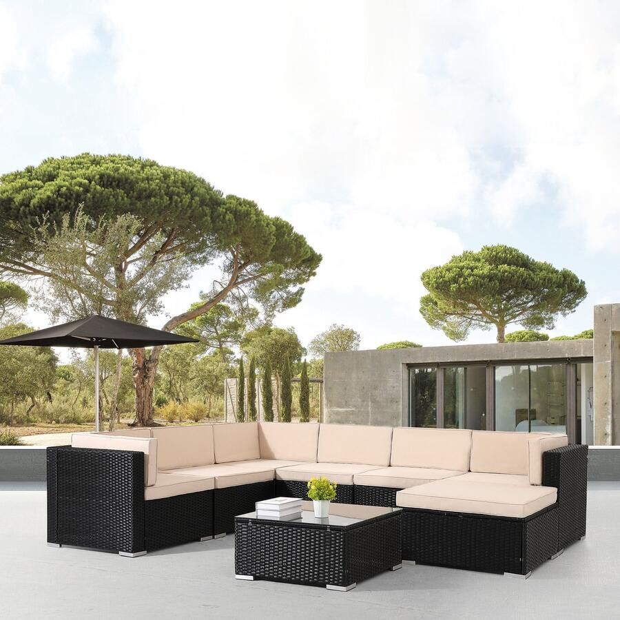 Arebos Loungesets 7 personen Loungeset Tuinmeubels Loungeset Balkon Lounge Set Incl. zitkussen UV-bestendig polyrotan tafel met glasplaat vrij te combineren
