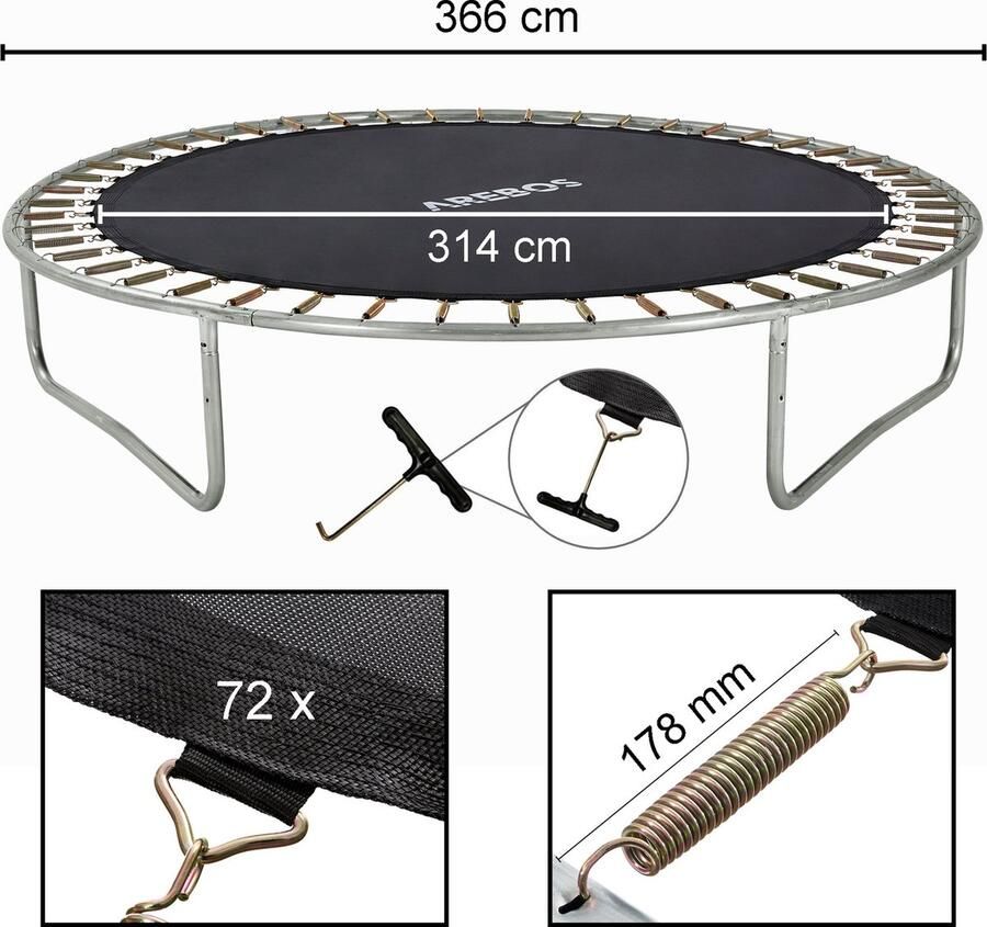 Arebos Trampoline Springmat 314 cm 72 Ogen 178 mm Veren voor Trampolines met Ø 366 cm