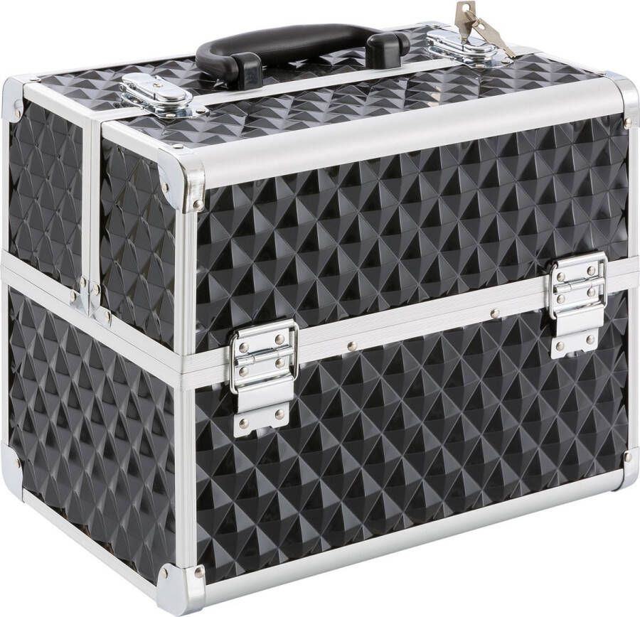 Arebos Cosmetica Koffer 15 L Beautycase 5 Vakken Aluminium Diamantpatroon 2 uitklapbare etages fluwelen inzetstuk 32 x 27 x 22 cm Zwart
