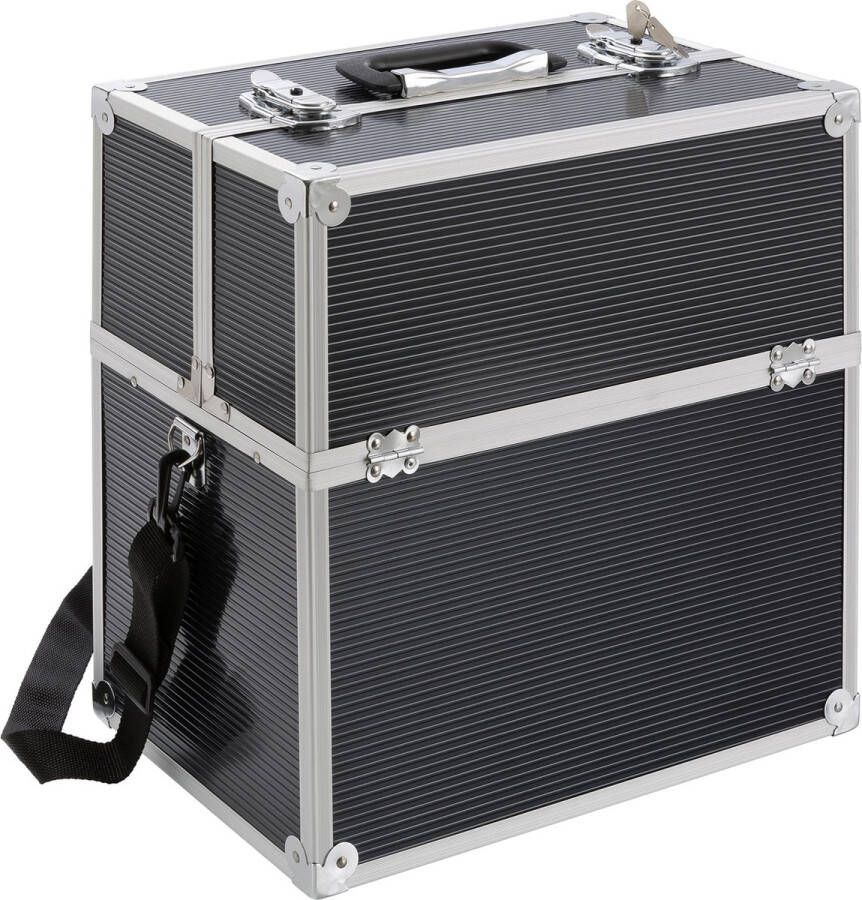 Arebos Cosmeticakoffer 26 liter inclusief draagriem 13 vakken aluminium inclusief slot en sleutel uitklapbare etages individuele indeling door 8 scheidingswanden 39 x 36 x 23 cm zwart