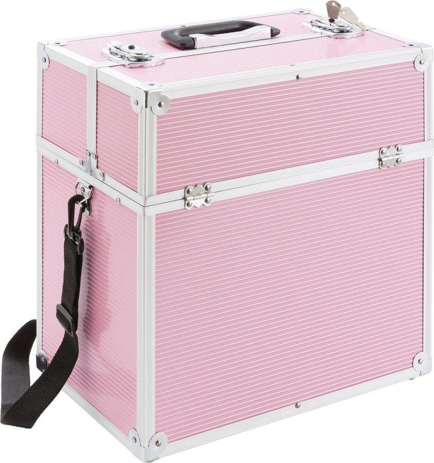 Arebos Cosmeticakoffer 26L incl. draagriem 13 vakken aluminium incl. slot & sleutel uitklapbare etages individuele indeling door 8 scheidingswanden 39 x 36 x 23 cm roze
