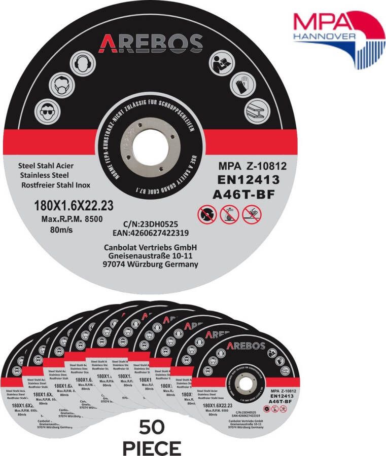 Arebos Doorslijpschijven Flexschijven Ø 180 mm Opname 22.2 mm Dikte 1 6 mm