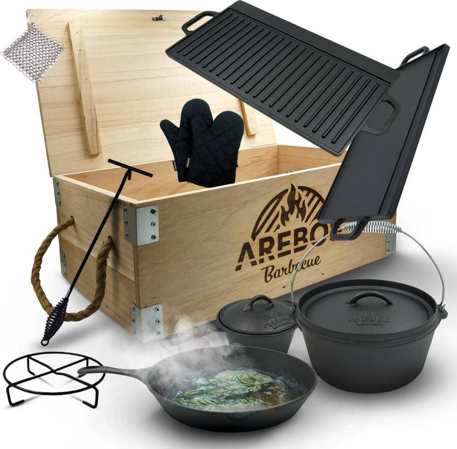 Arebos Dutch Oven Set Pan Gietijzer Gietijzeren Pan BBQ 9-delig Outdoor Kookset Houten kist