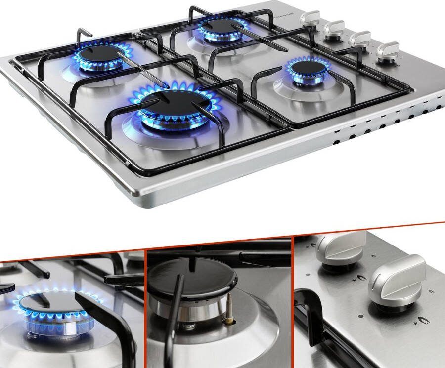 Arebos Gaskookplaat 4 branders | Roestvrij staal | Incl. roosters & ontstekingsbeveiliging