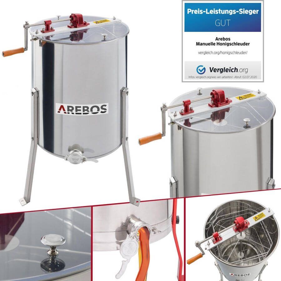 Arebos Honing Extractor Honing Centrifuge Roestvrij Staal Handmatig voor 4 honingraatjes 26 x 42cm