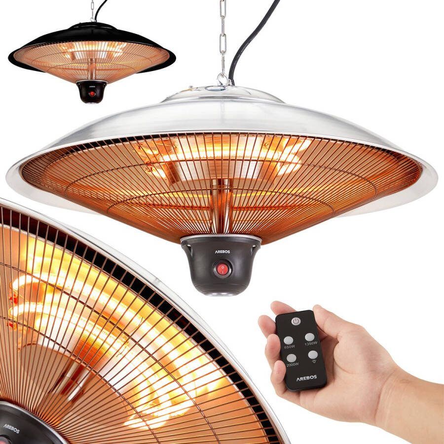 Arebos Infrarood Heater 2000W met afstandsbediening Elektrische Kachel met 3 standen Terrasverwarmer binnen & buiten Infraroodstralers Terras Heater Straalkachel Terrasverwarmer Hangend Zilver
