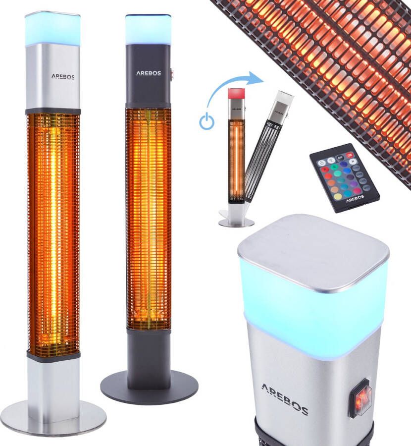 Arebos Infrarood Verwarming 1500W Infrarood Kachel Terrasverwarmer Inclusief 16 kleuren LED lampje met Afstandsbediening Zilver
