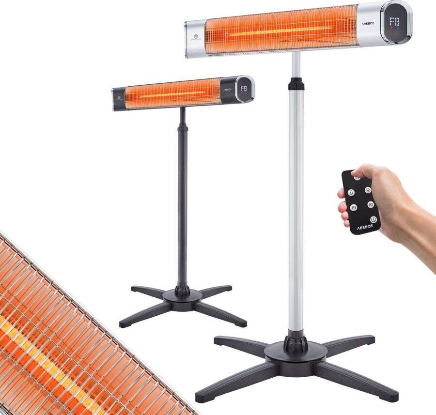 Arebos Infraroodstraler 2000W Infrarood Verwarming Terrasverwarmer 9 Verwarmingsniveaus 24-uurs Timerfunctie Elektrische Kachel Infrarood Zilver Binnen en buiten