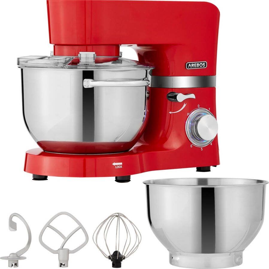Arebos Keukenmachine 1500W Keukenrobot 5 5L&4 5L Keukenmixer Foodprocessor Roestvrij Stalen Mengkom 6 Snelheden Rood