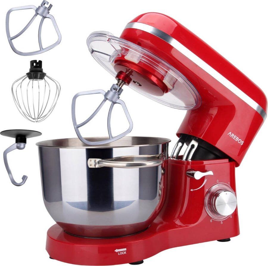 Arebos Keukenmachine 1500W Keukenrobot 6L Keukenmixer Foodprocessor Roestvrij Stalen Mengkom 6 Snelheden Rood