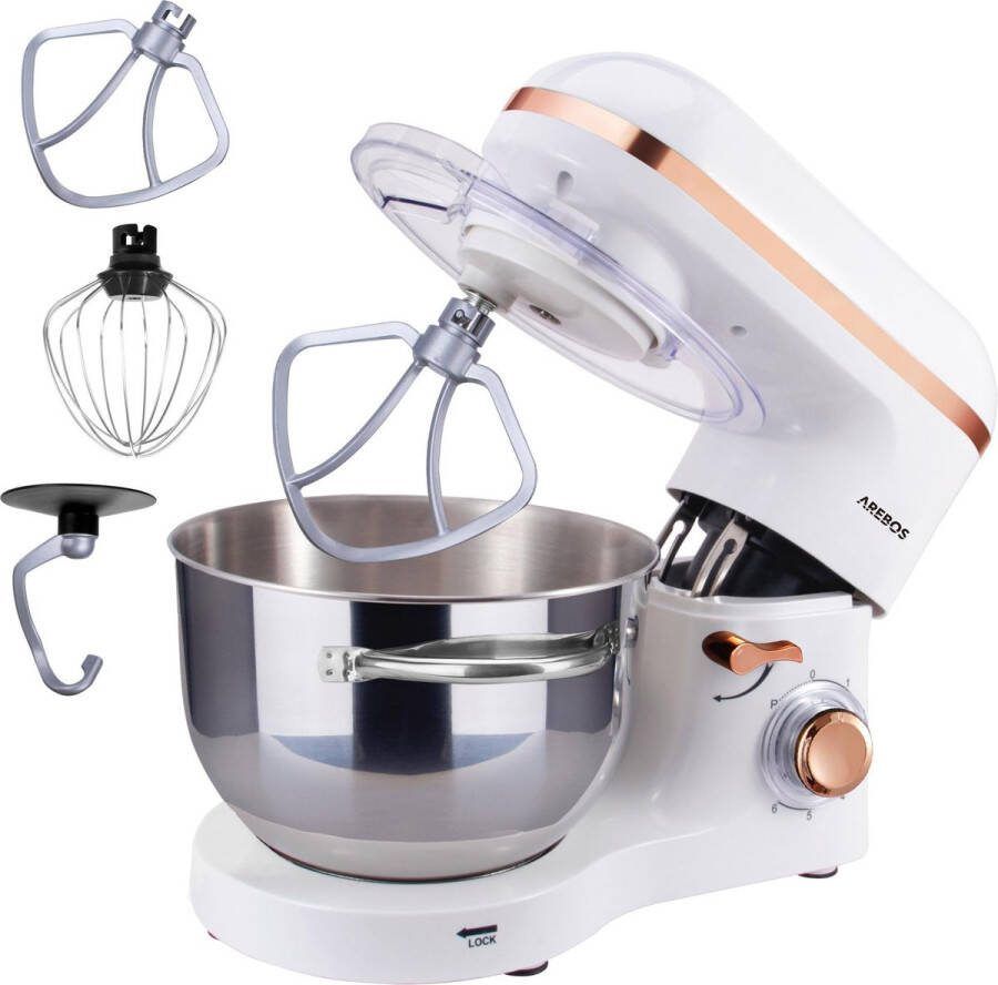 Arebos Keukenmachine 1500W Keukenrobot 6L Keukenmixer Foodprocessor Roestvrij Stalen Mengkom 6 Snelheden Wit