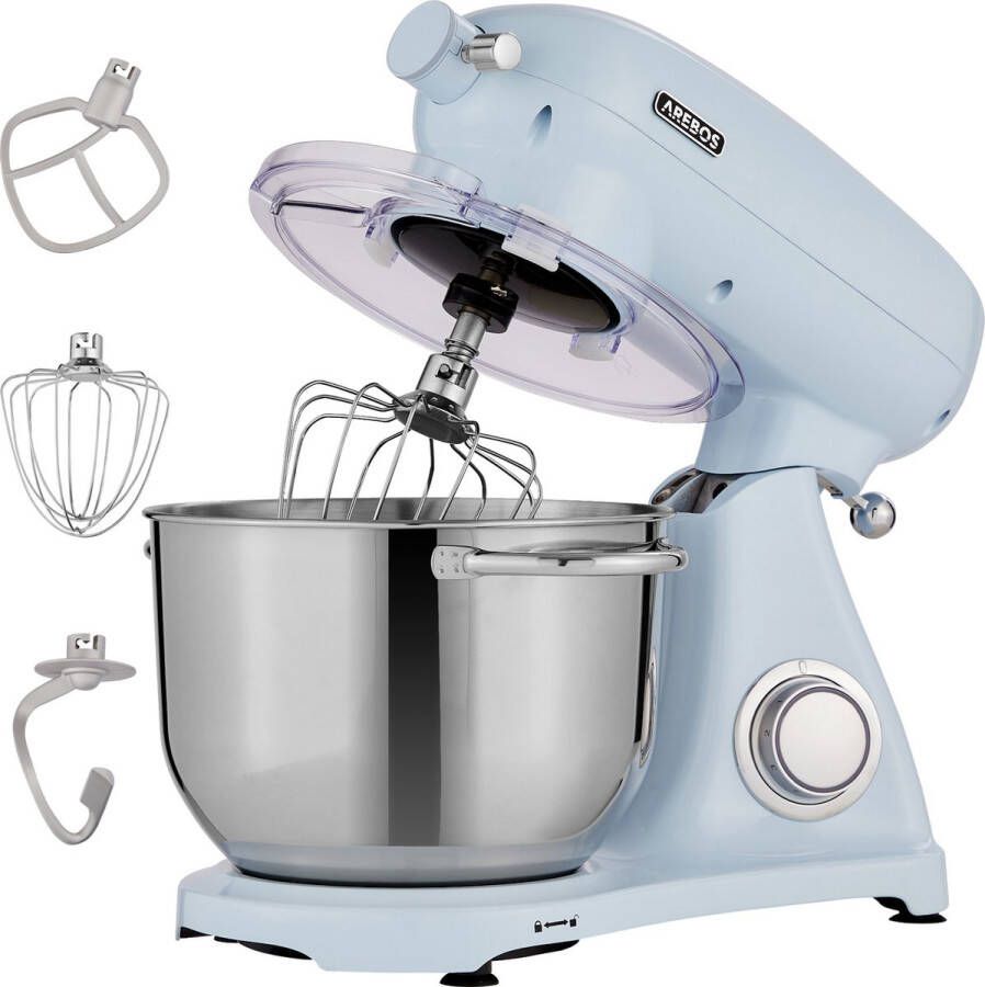 Arebos Keukenmachine 1800W Keukenrobot 6L Keukenmixer Foodprocessor Roestvrij Stalen Mengkom 6 Snelheden Blauw