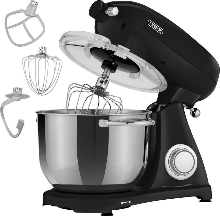 Arebos Keukenmachine 1800W Keukenrobot 6L Keukenmixer Foodprocessor Roestvrij Stalen Mengkom 6 Snelheden Zwart