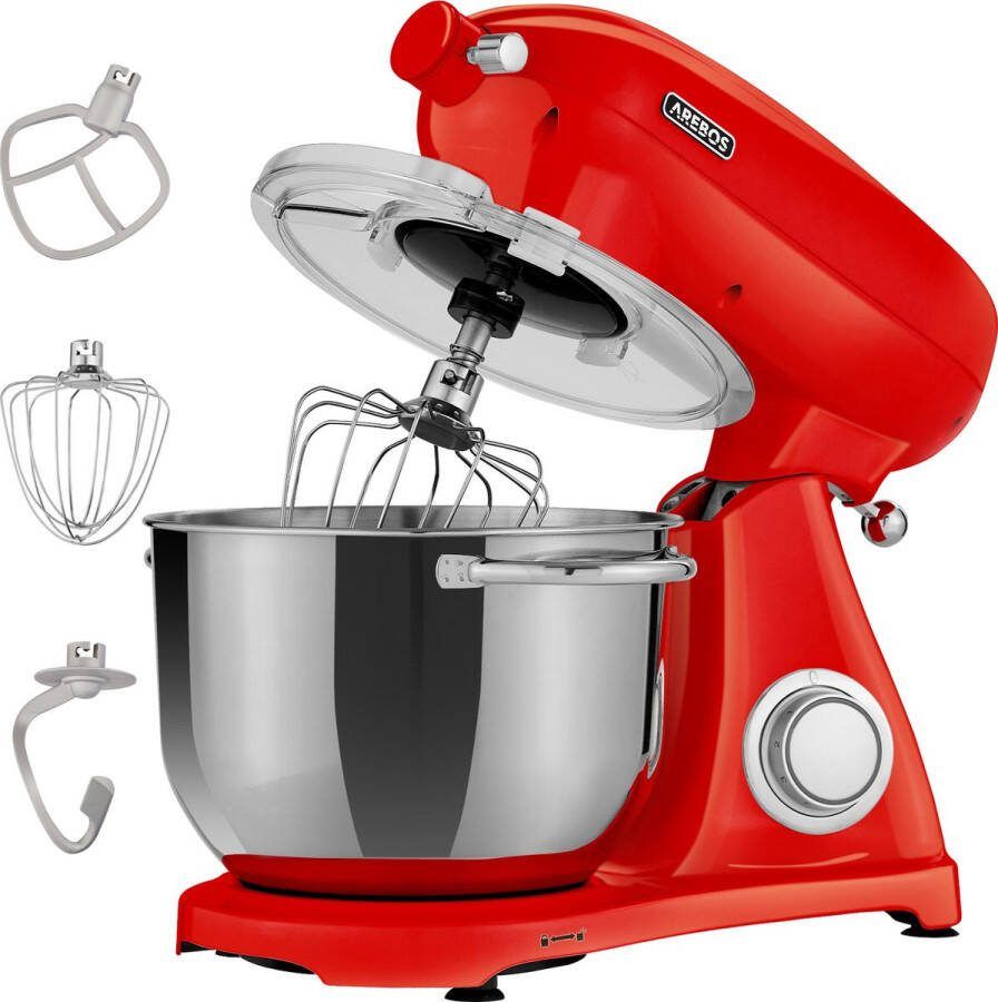 Arebos Keukenmachine 1800W Keukenrobot 6L Keukenmixer Foodprocessor Roestvrij Stalen Mengkom 6 Snelheden Rood