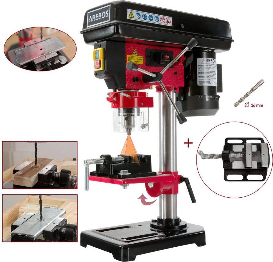Arebos kolomboormachine Geïntegreerde positielaser 500 W tot 2500 t min 5-trapsboordiepte instelbare dieptestop kantelbare draaibare en in hoogte verstelbare boortafel)