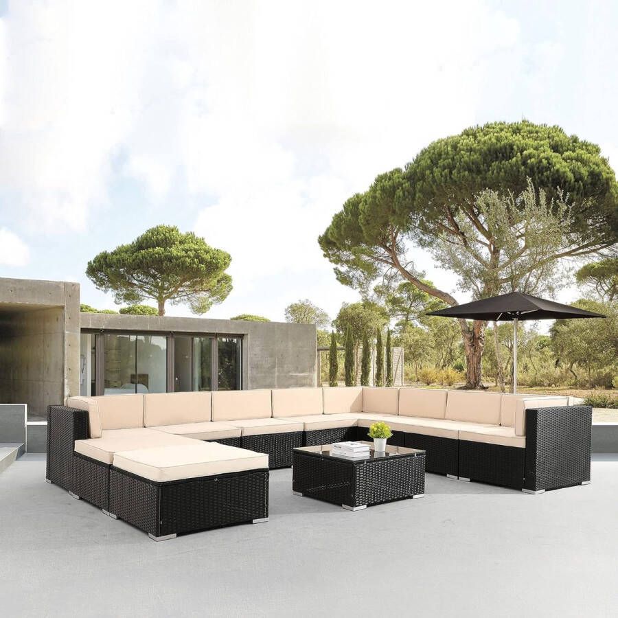 Arebos Loungesets 10 personen Loungeset Tuinmeubels Loungeset Balkon Lounge Set Incl. zitkussen UV-bestendig polyrotan tafel met glasplaat vrij te combineren