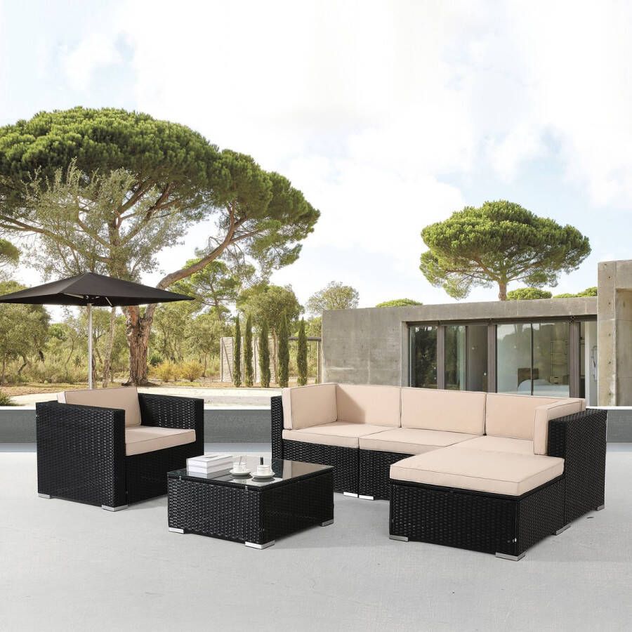 Arebos Loungesets 5 personen Loungeset Tuinmeubels Loungeset Balkon Lounge Set Incl. zitkussen UV-bestendig polyrotan tafel met glasplaat vrij te combineren